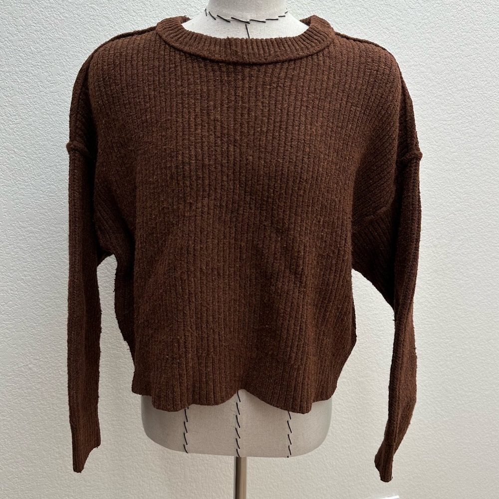 American Eagle Sweater Womens XL Tight Knit Long Sleeve Cropped Wool Brown